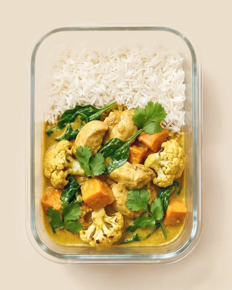 Chicken curry with rice, cauliflower, sweet potato, spinach and coriander in a glass meal-prep container