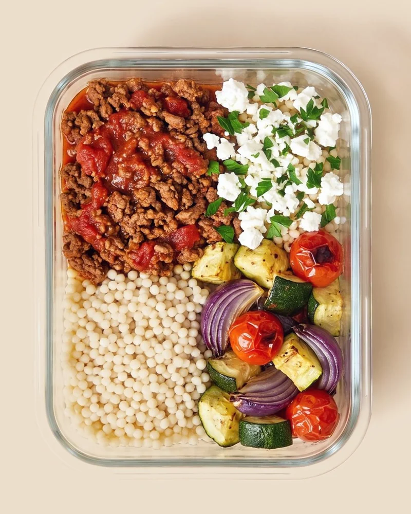 Mediterranean week: beef, couscous, roasted vegetables and feta