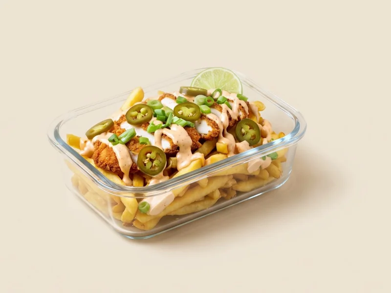 Loaded fries with crispy chicken, sauce, jalapeños and lime