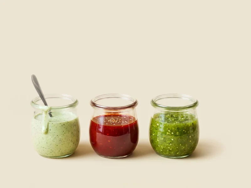 Three glass jars of creamy, spicy and green sauces