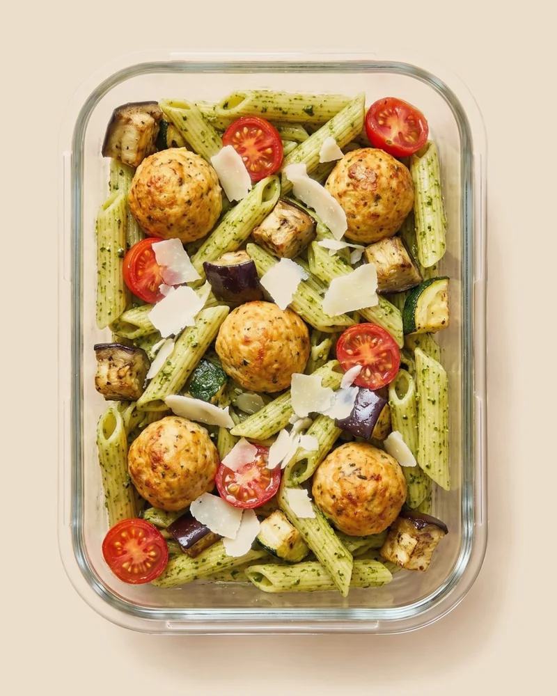 Meatballs with pesto pasta, cherry tomatoes, roasted vegetables and Parmesan in a glass meal-prep container